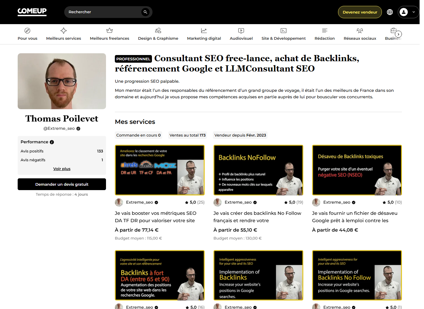 Public Extreme SEO profile on ComeUp showing several backlink services