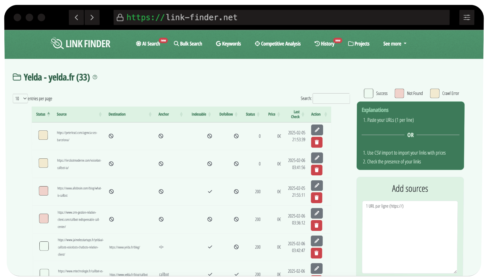 Interface publique LinkFinder de surveillance du statut, de l'indexabilité et des attributs de backlinks