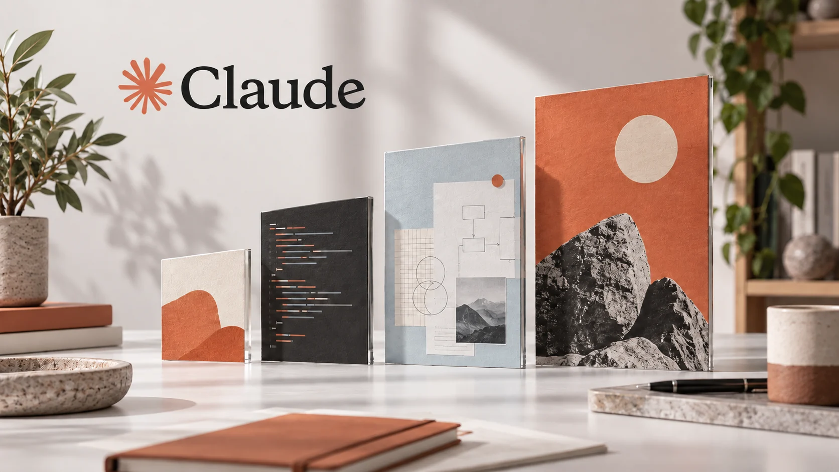 Composition éditoriale Claude avec quatre carnets évoquant les différents niveaux de travail des modèles