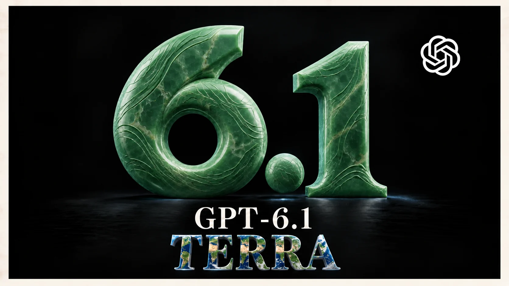 Sculpted green jade 6.1 numerals, Earth-textured Terra lettering with oceans and continents, and the OpenAI symbol