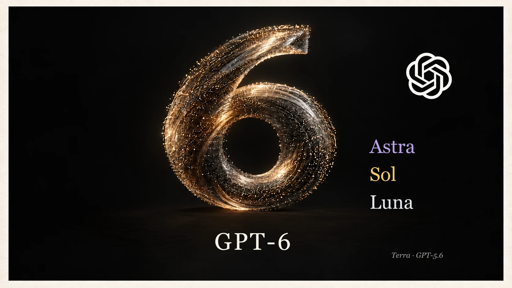 Un grand 6 lumineux avec le symbole OpenAI et les noms Astra en violet, Sol en jaune et Luna en gris clair