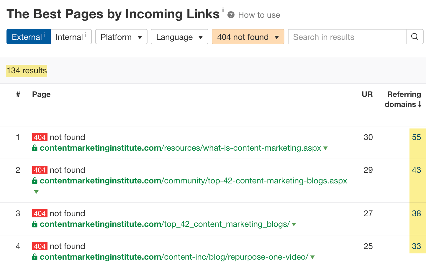 Rapport public Ahrefs filtrant les pages en erreur 404 selon leurs domaines référents