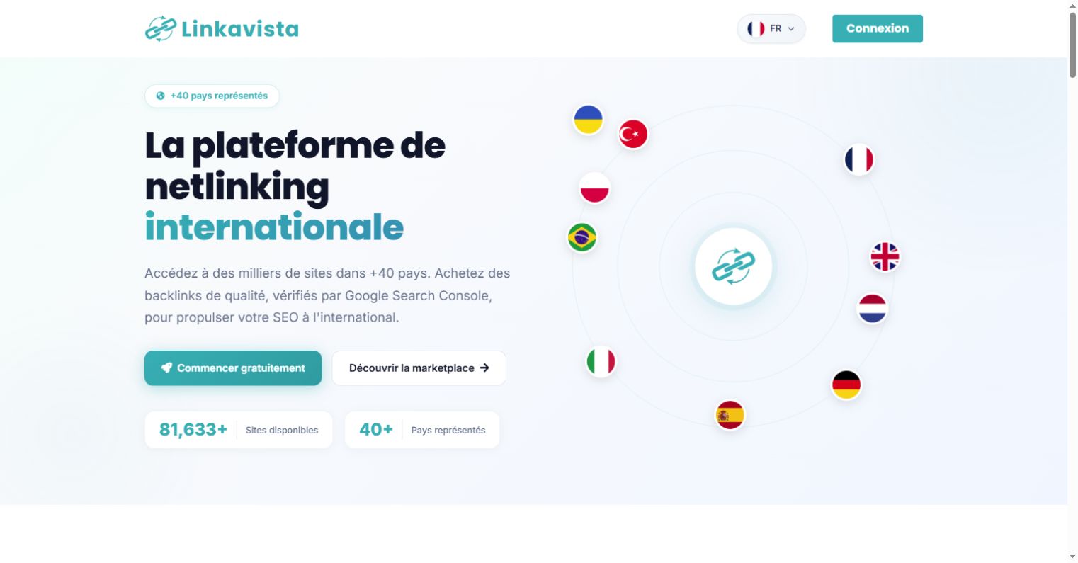 Page publique Linkavista présentant sa marketplace internationale de netlinking