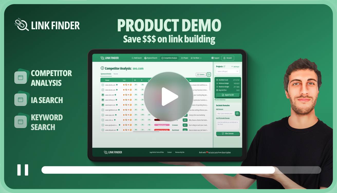 Official LinkFinder product demo with competitor analysis, AI Search, and keyword search