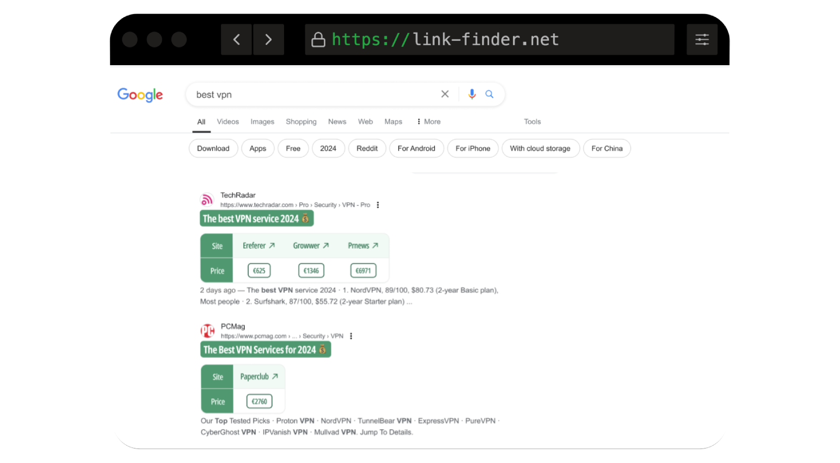 Official LinkFinder Chrome extension showing backlink prices in Google results