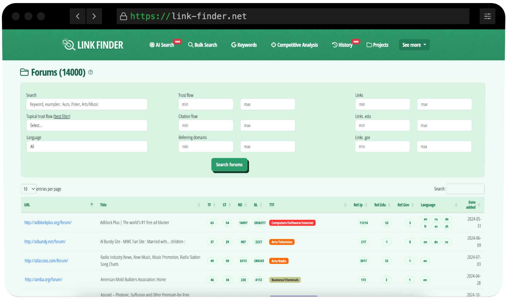 Official LinkFinder forum search interface with SEO filters