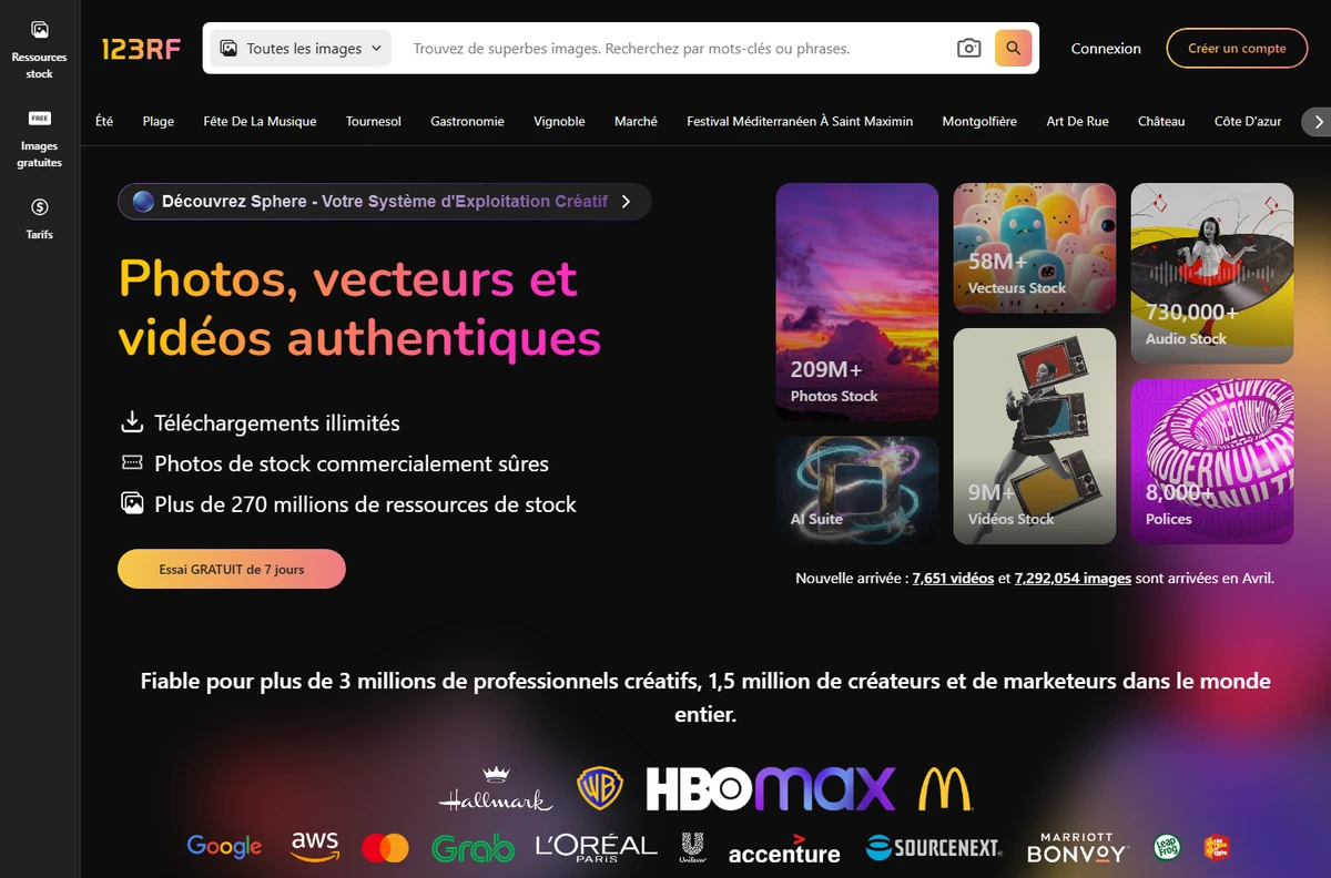 Aperçu public 123RF des catégories de ressources créatives