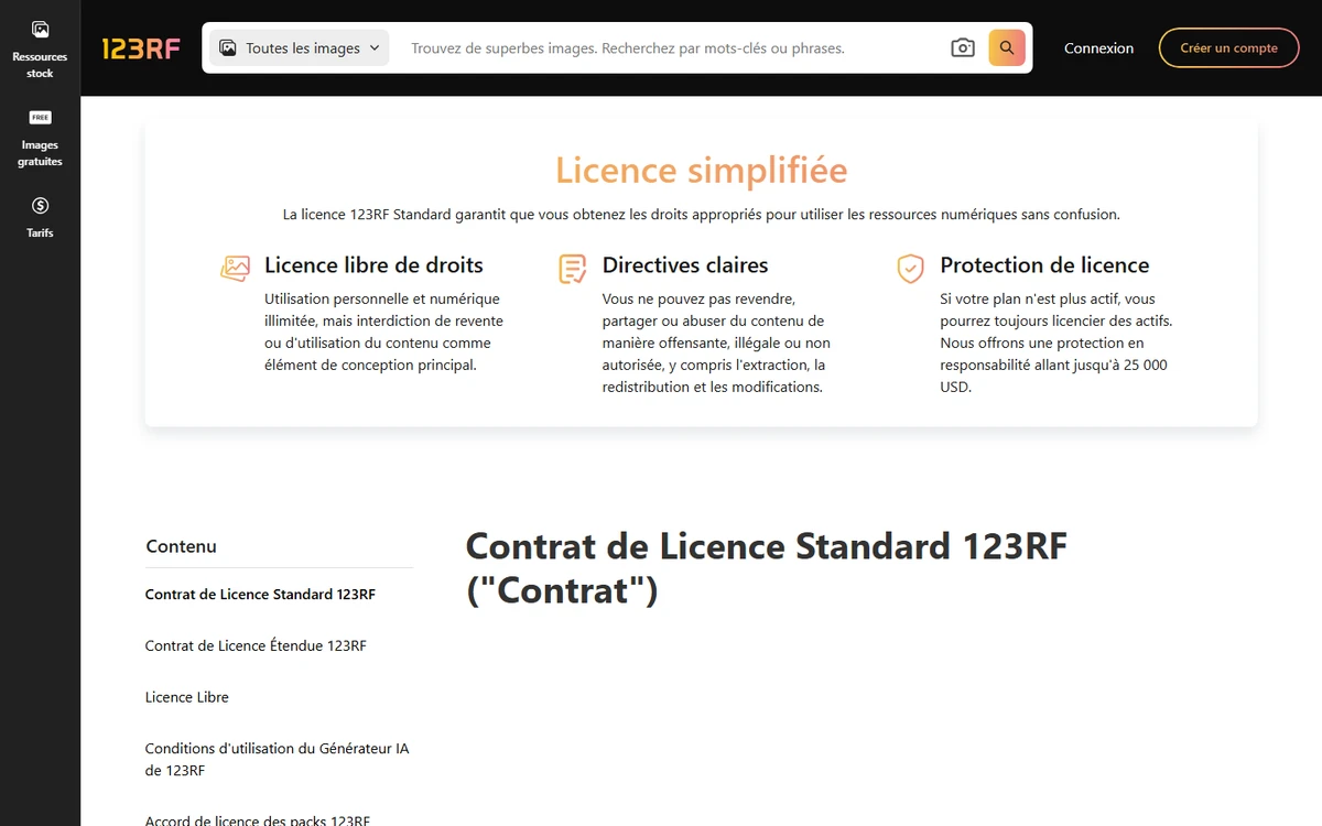 Aperçu public 123RF de la page licence standard avec règles d'utilisation et protection de licence