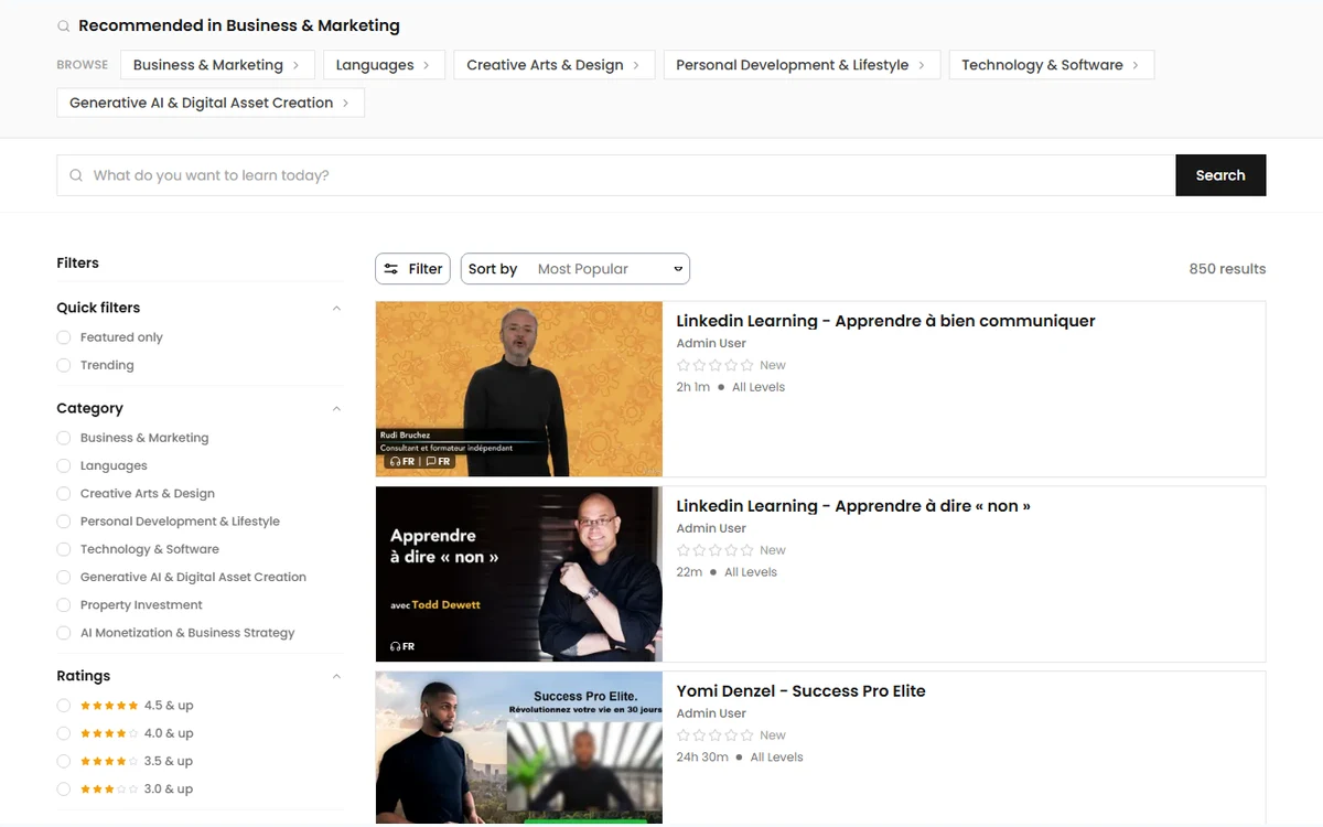 Public Academun preview showing search, filters, and course categories