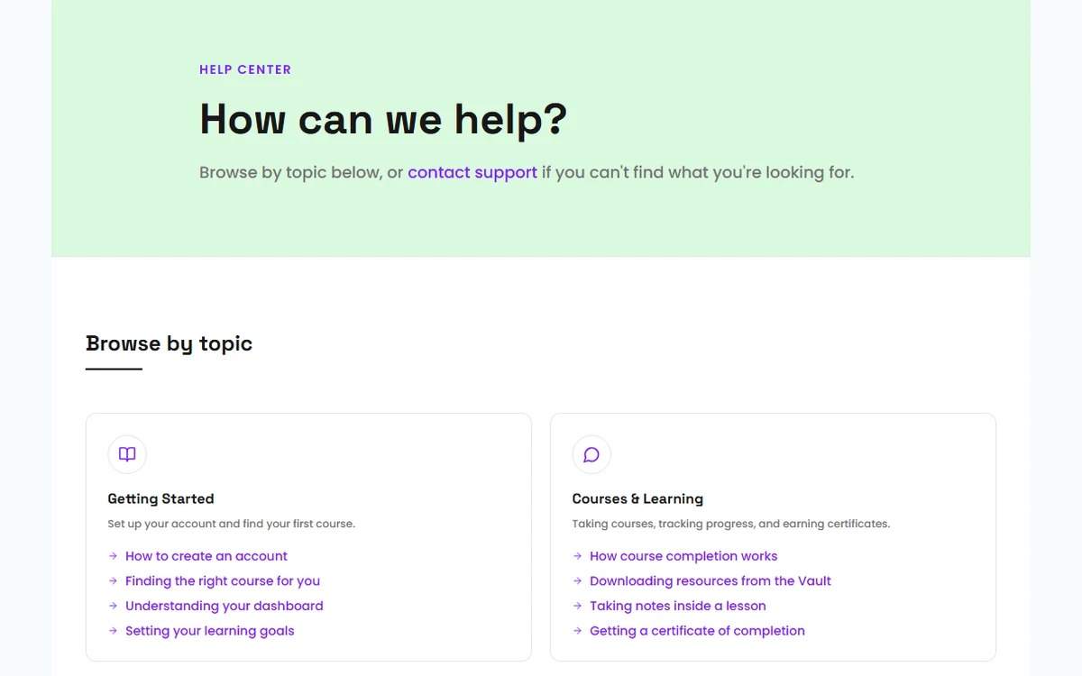 Public Academun help center preview with course, notes, resource, and certificate topics