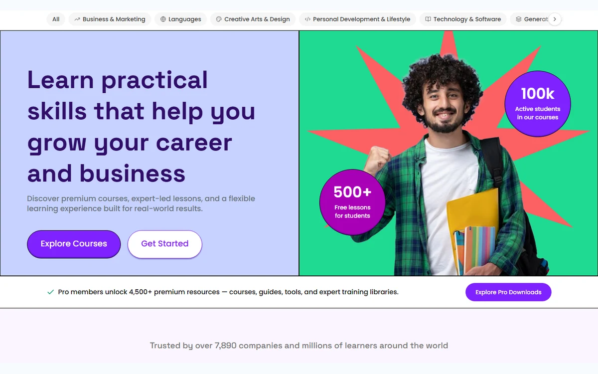 Public Academun preview showing courses, lessons, and Pro resources