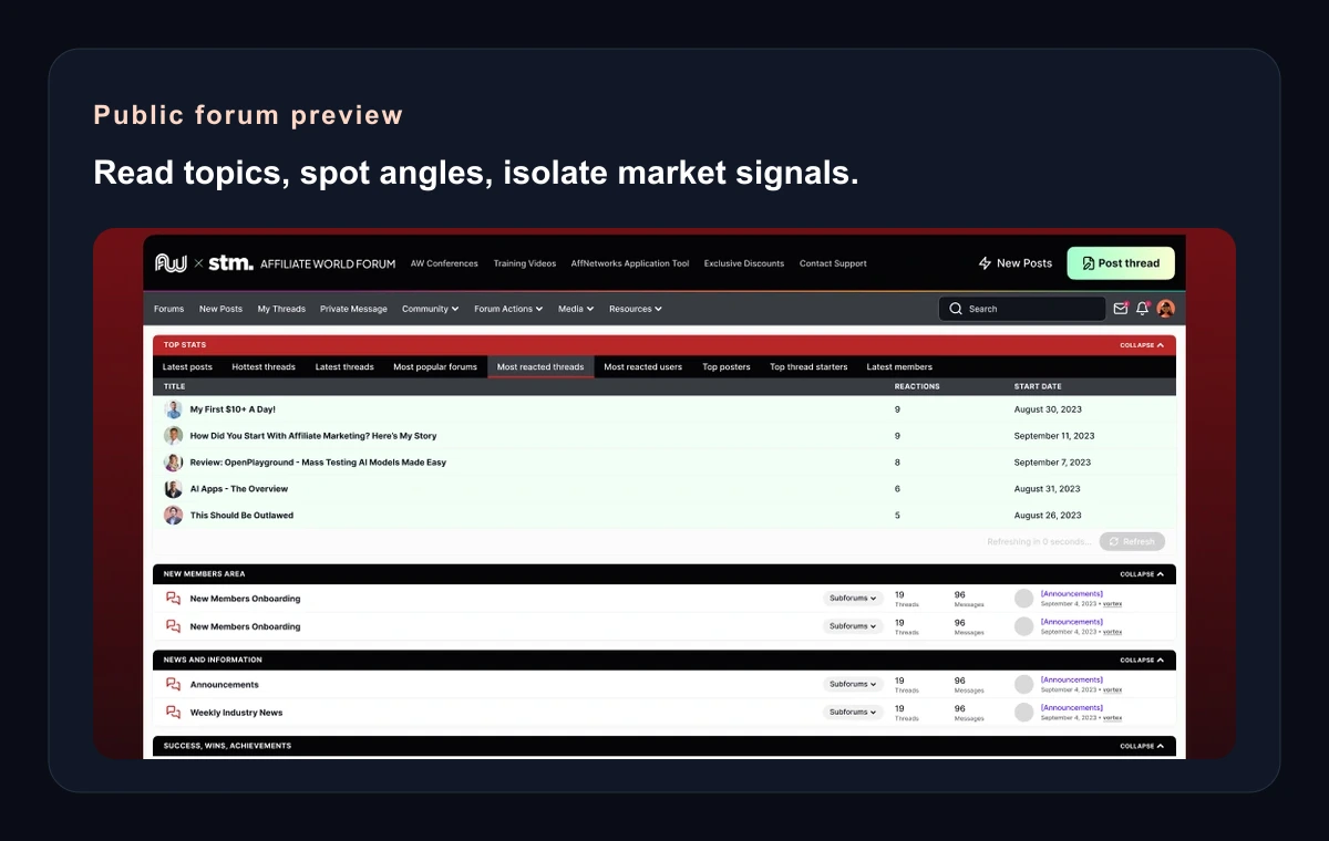 Public Affiliate World Forum preview showing forum topics and sections