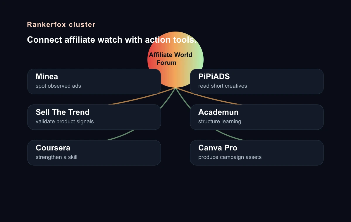 Rankerfox diagram linking Affiliate World Forum to Minea, PiPiADS, Sell The Trend, Academun, Coursera, and Canva Pro