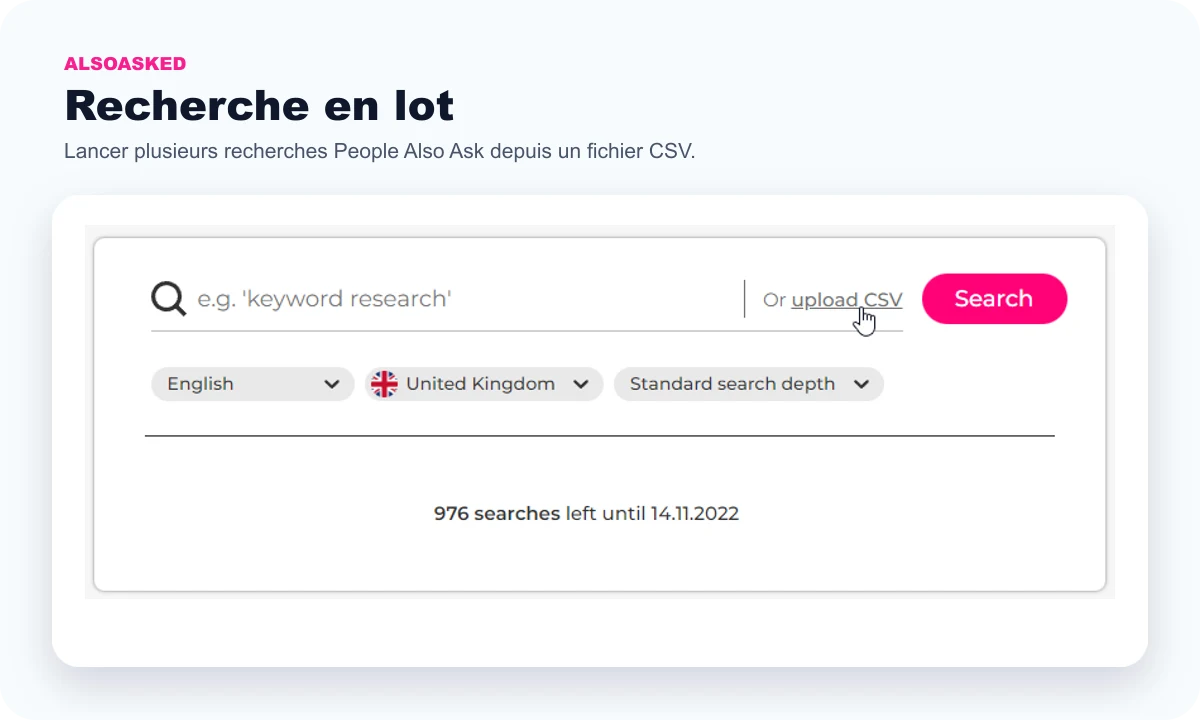 Public AlsoAsked preview of CSV import for bulk search