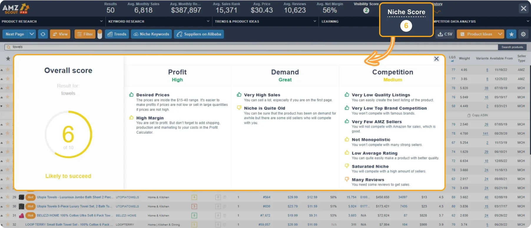 Aperçu AMZScout Niche Score avec score global, profit, demande et compétition