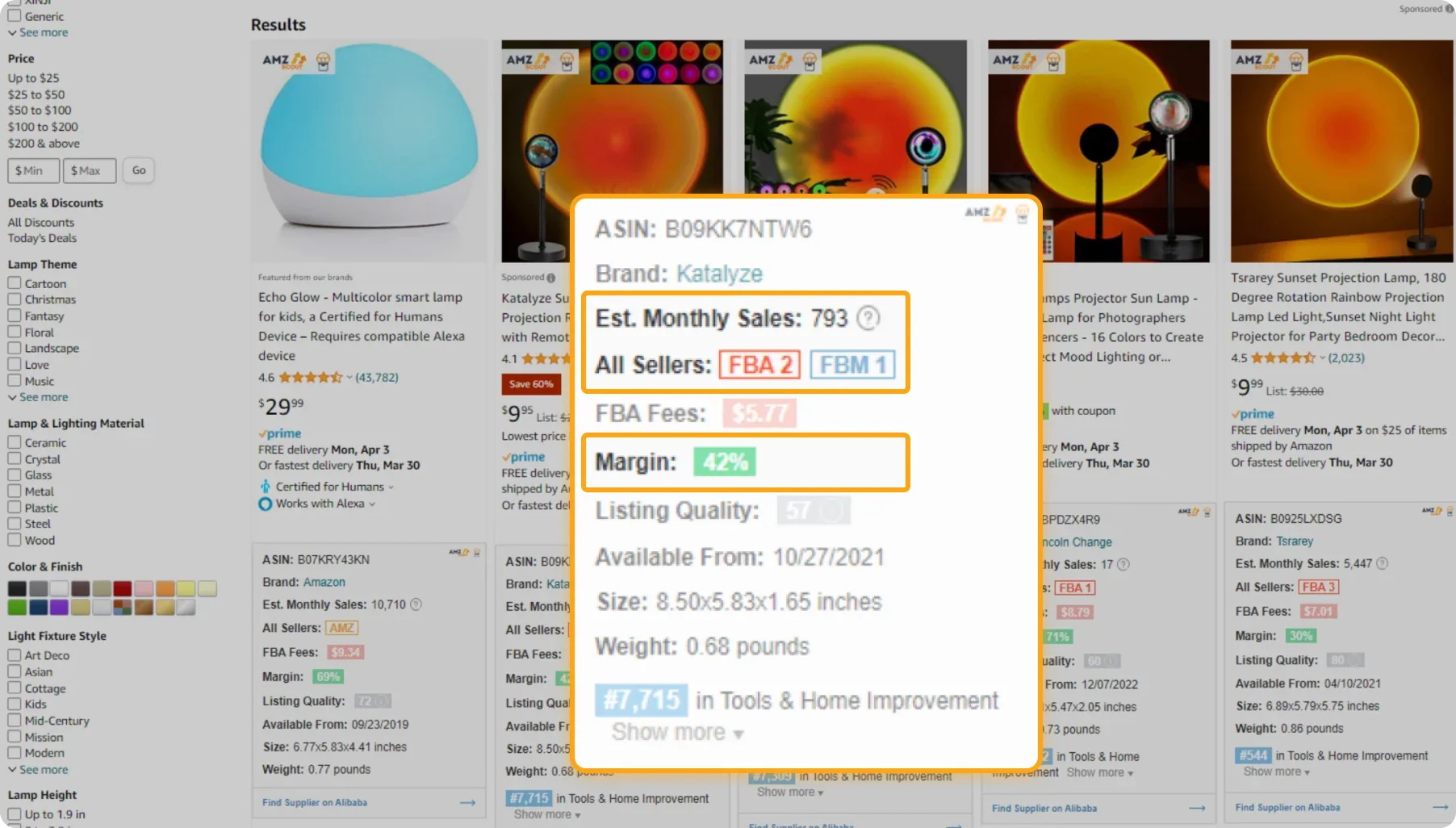 Aperçu AMZScout Opportunity Analyzer affiché sur des résultats Amazon avec estimation de ventes et score