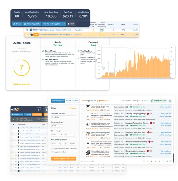 Aperçu AMZScout PRO avec score, graphique d'historique et vues de recherche produit