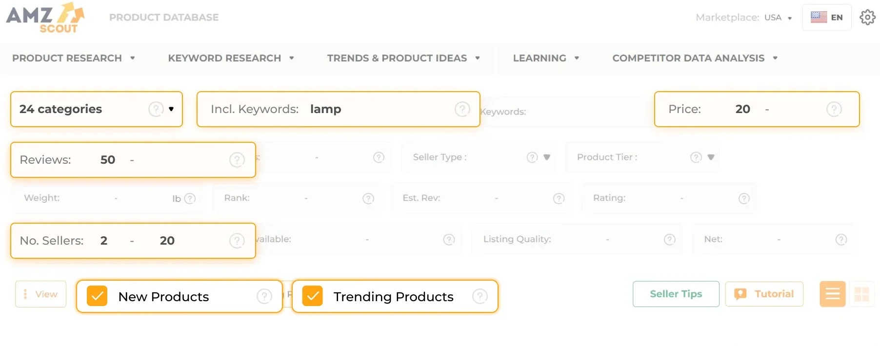 Aperçu AMZScout Product Database avec filtres de catégorie, mots-clés, prix, avis, vendeurs et produits tendance