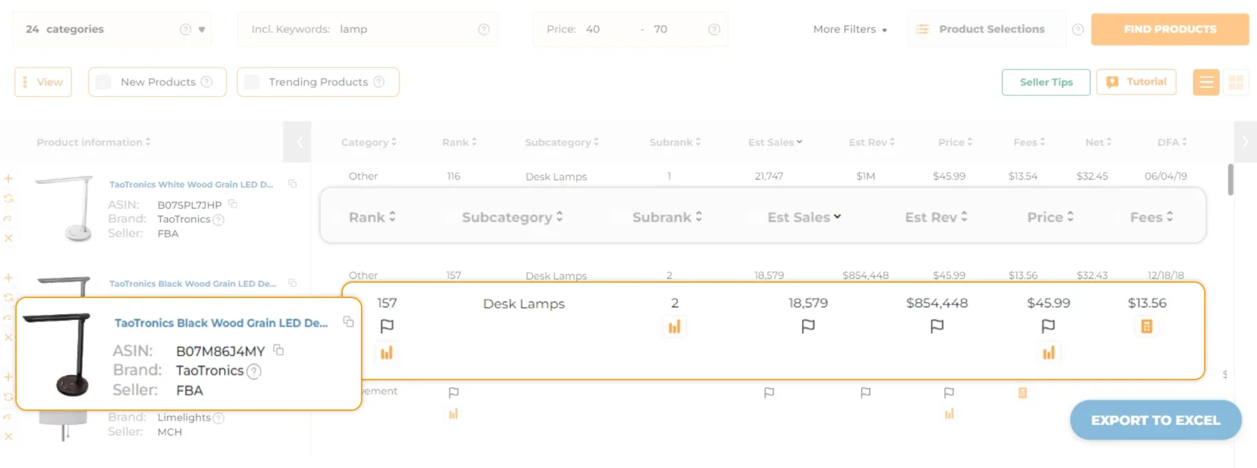 Aperçu AMZScout Product Database avec résultats produit, prix, avis, vendeurs, poids et qualité de listing