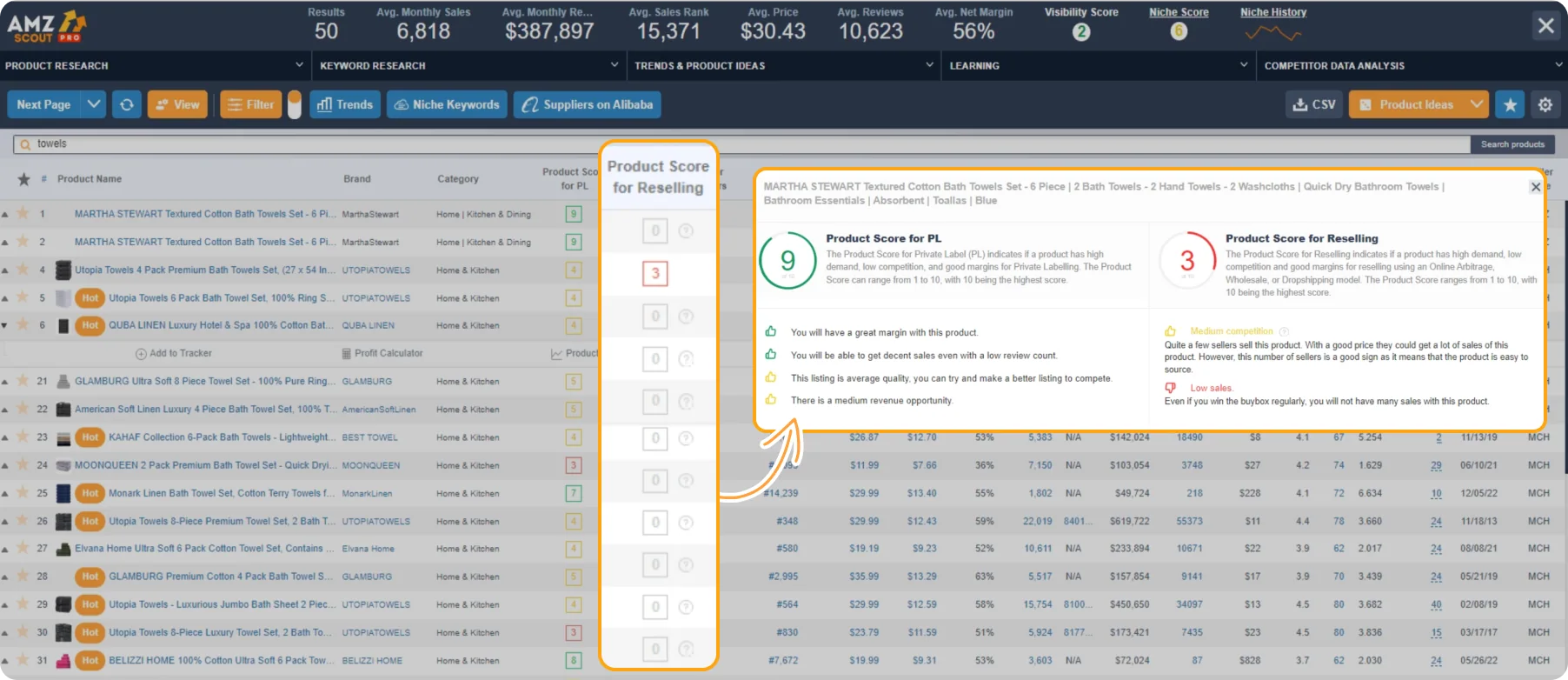Aperçu AMZScout PRO avec Product Score, ventes mensuelles, revenu moyen, marge nette et score de niche