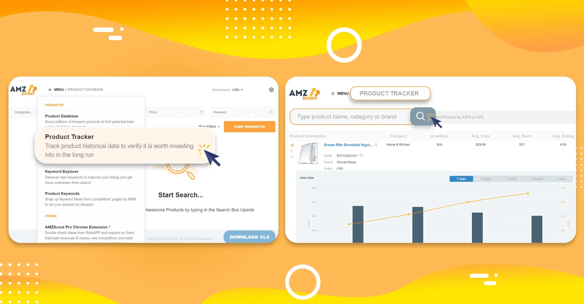 Aperçu AMZScout Product Tracker avec suivi des produits et courbe de progression