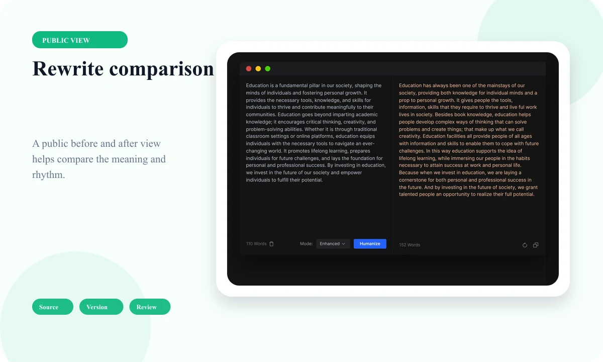 Public source and rewritten version comparison in BypassGPT