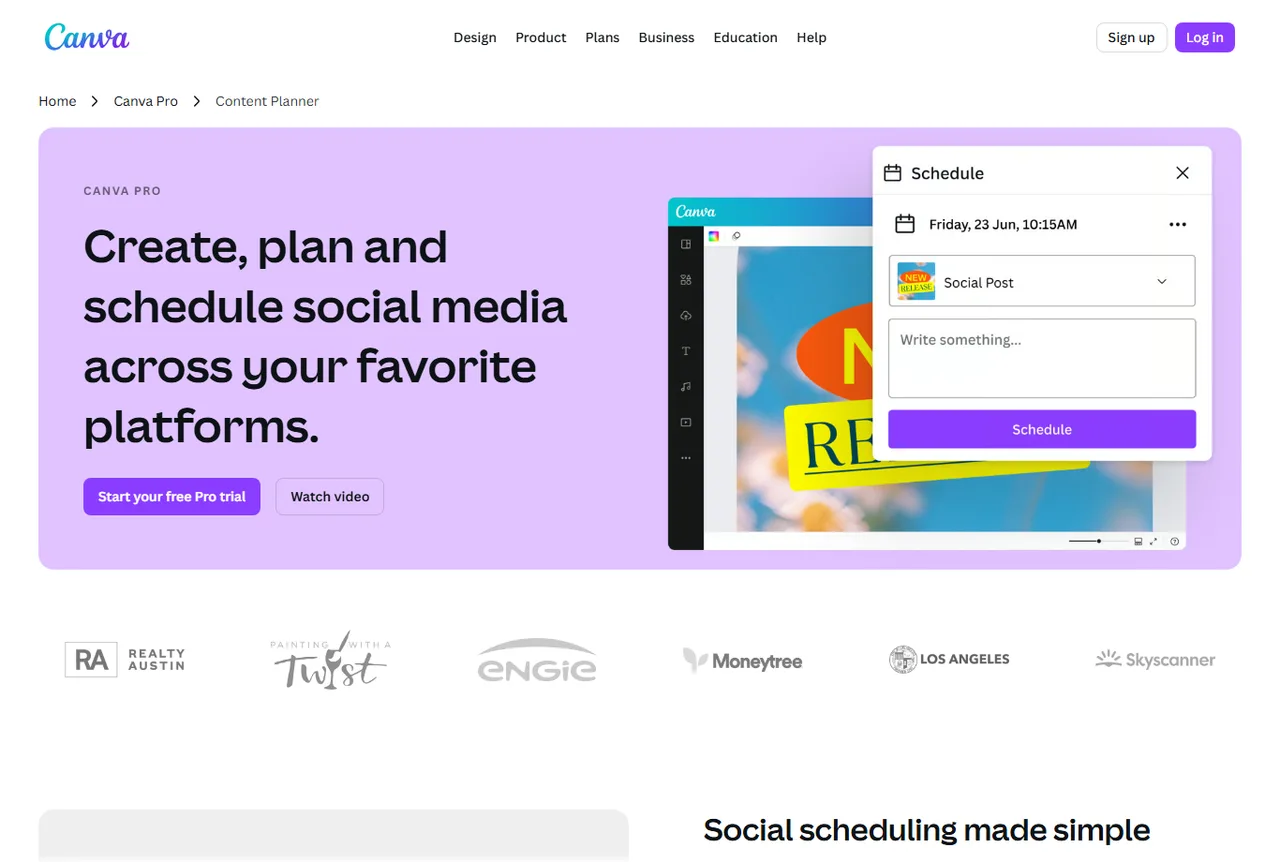Aperçu public Canva Pro du Content Planner pour planifier des publications sociales