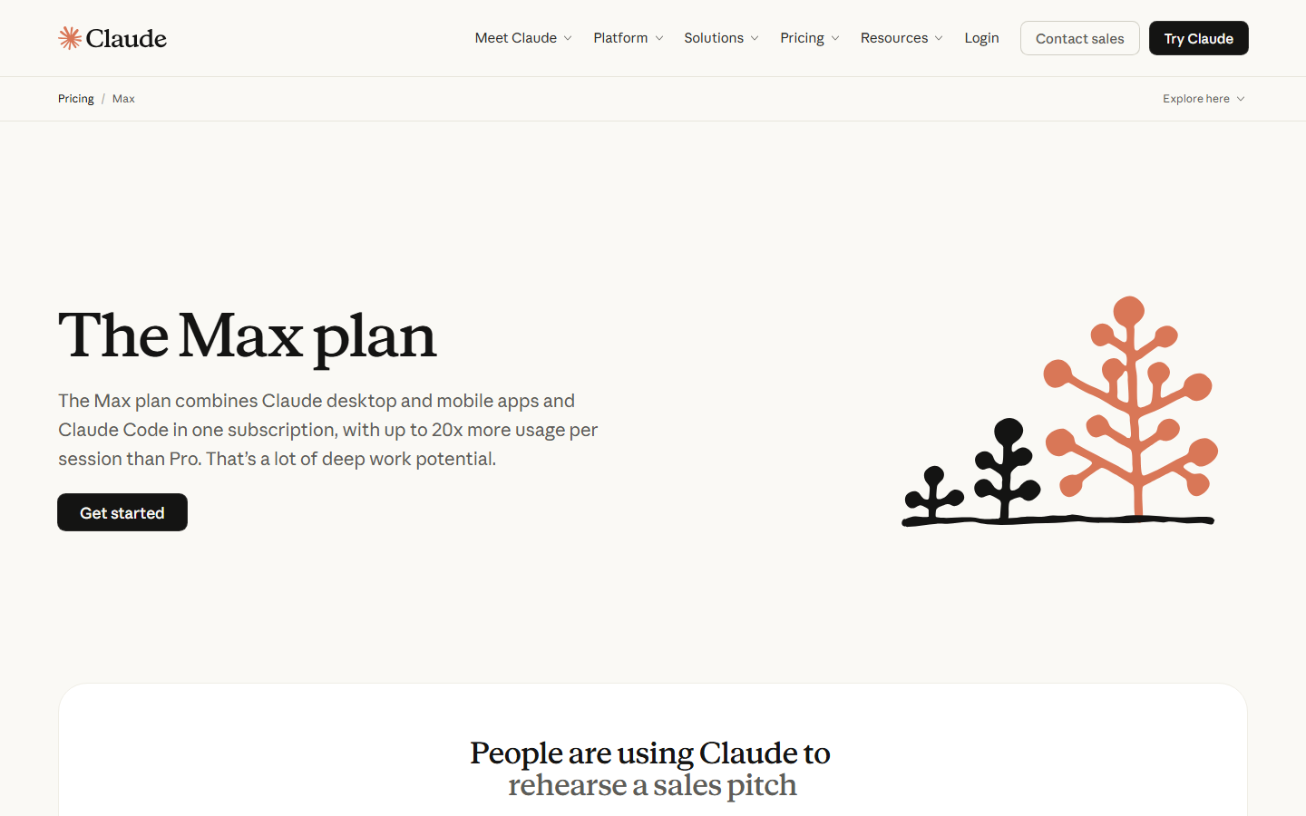 Public Claude Max page preview presenting up to 20x usage per session