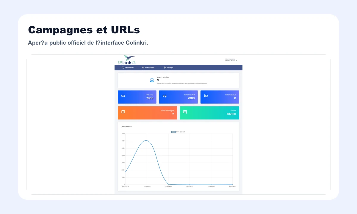 Aperçu public officiel Colinkri montrant une campagne de crawl et des graphiques
