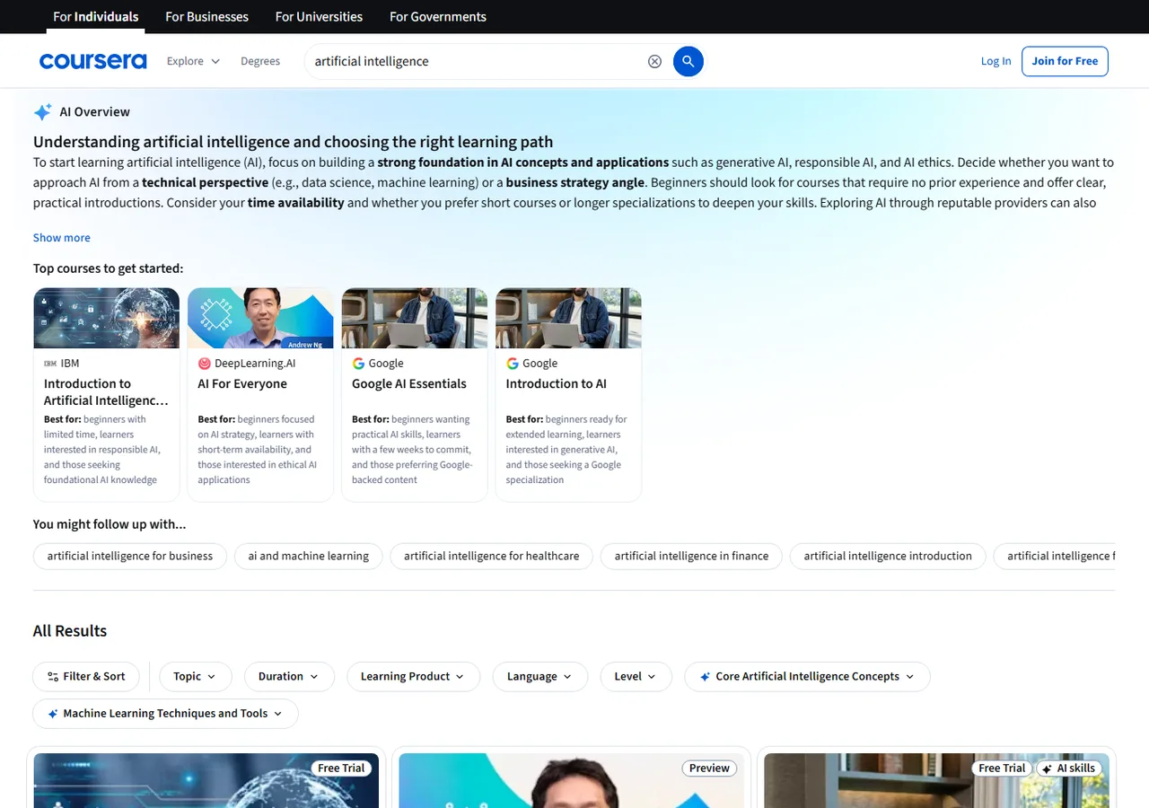 Public Coursera preview of artificial intelligence learning paths