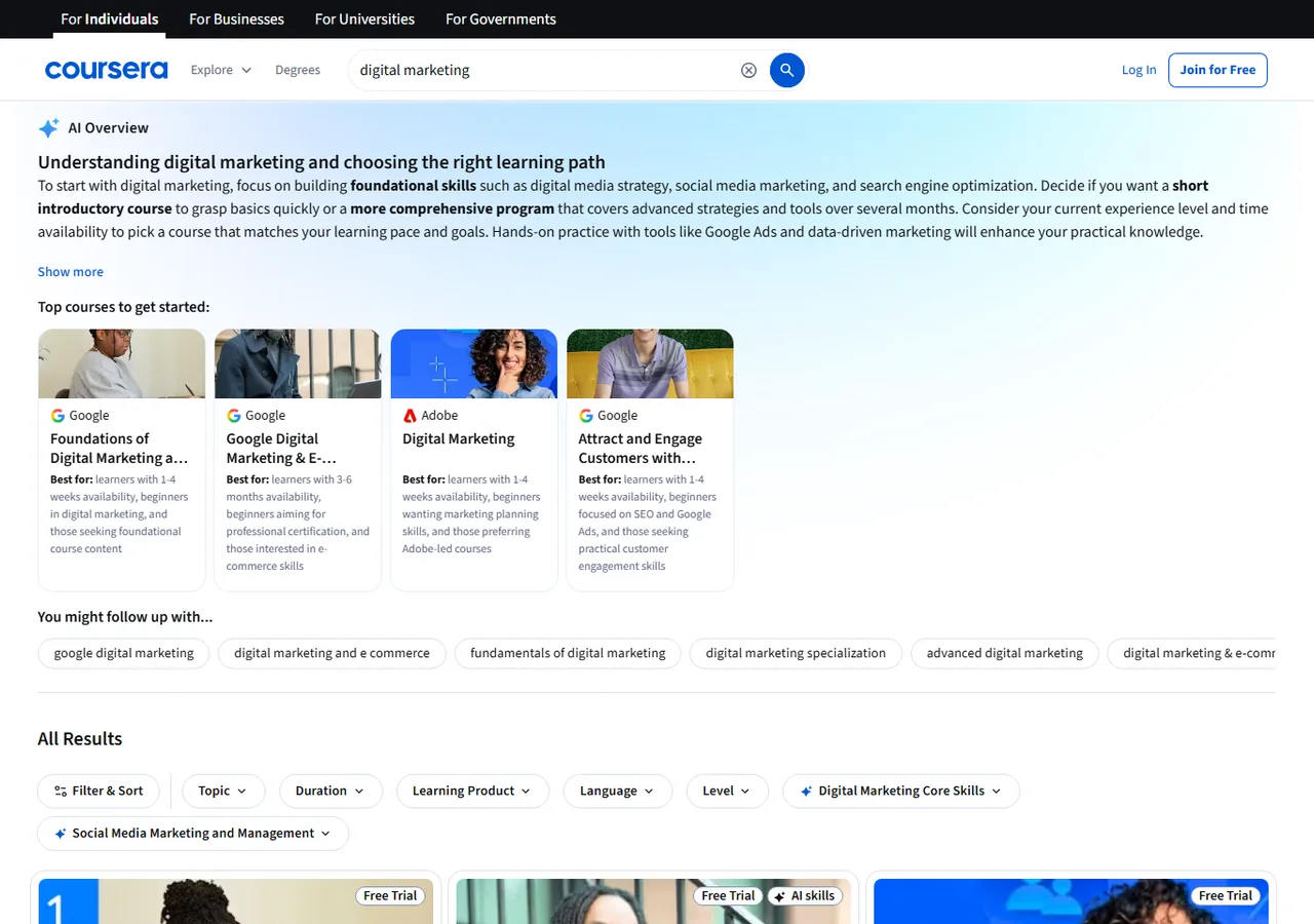 Public Coursera preview of digital marketing learning paths