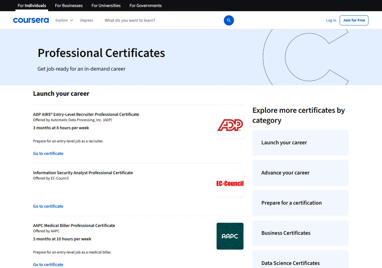Public Coursera preview of certificate categories