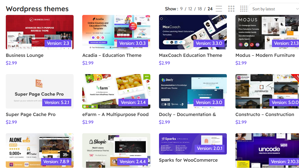 Public CreativSea preview with a WordPress themes grid, versions, and prices