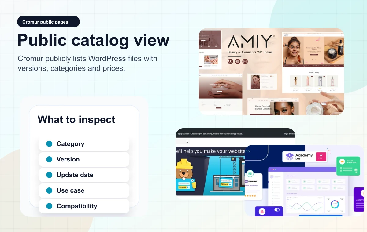 Cromur composition showing public previews of WordPress themes, plugins, versions, and categories