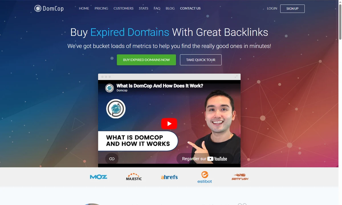 Official public DomCop page presenting expired domain research with backlinks
