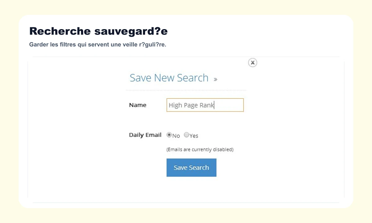 Public DomCop preview showing a saved search
