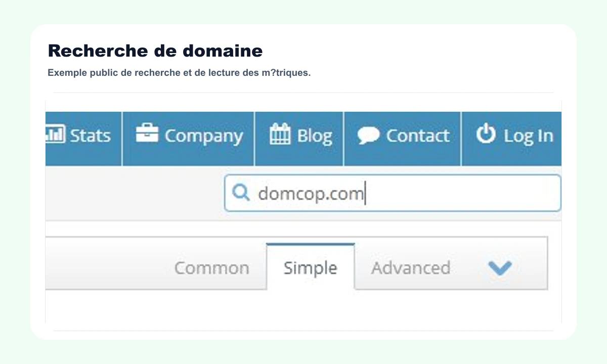 Public DomCop preview showing domain search