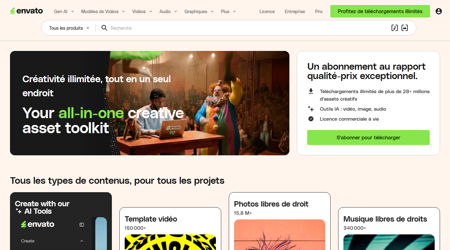 Public Envato preview with photo, video, audio, template, and creative tool categories
