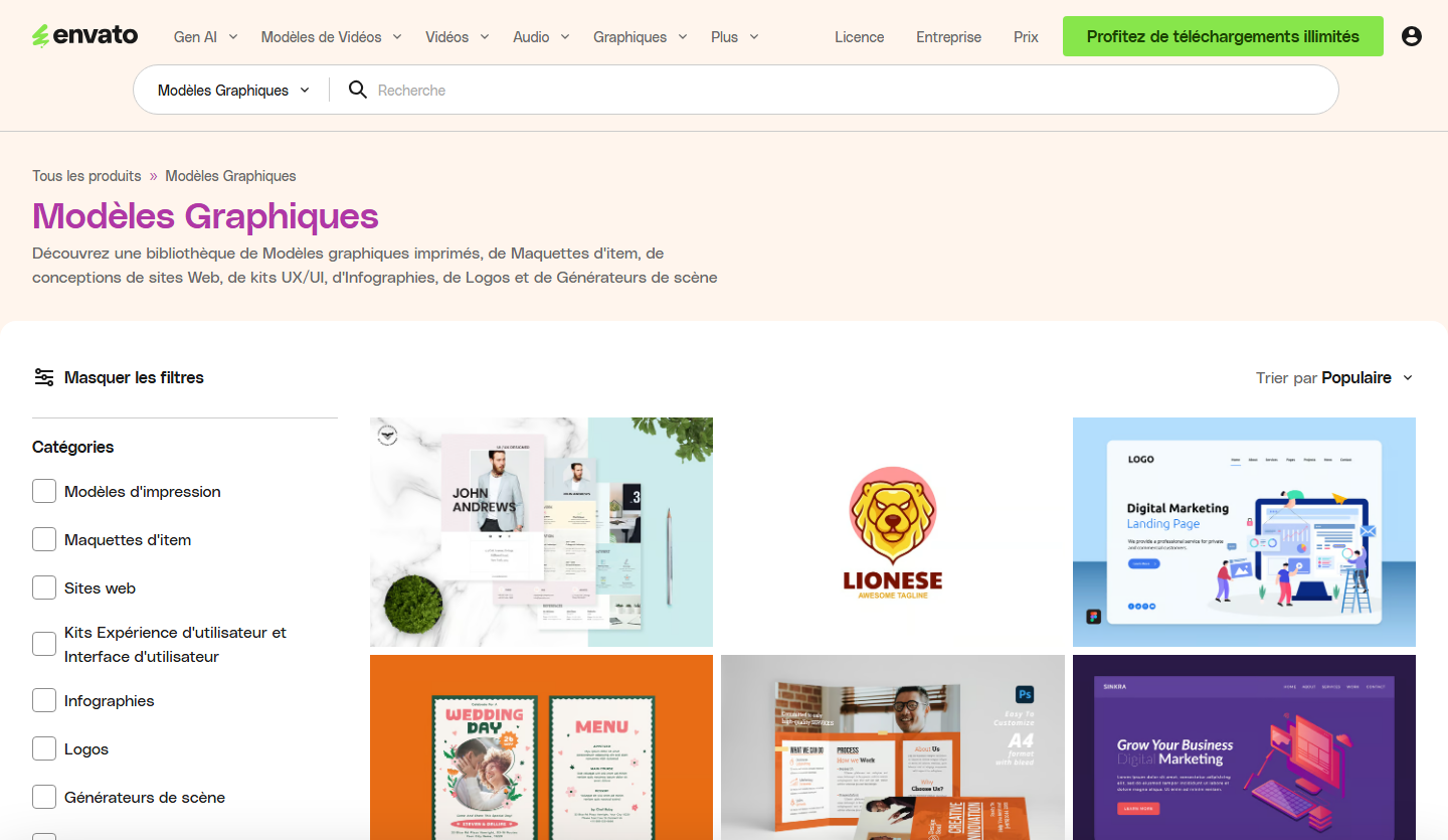 Public Envato Graphic Templates preview with filters and a grid of graphic layouts