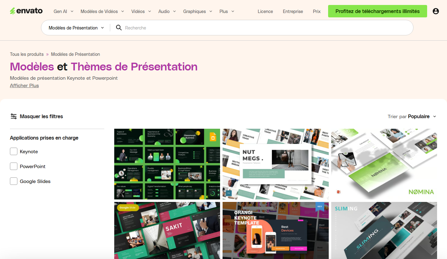 Public Envato Presentation Templates preview with Keynote, PowerPoint, and Google Slides layouts