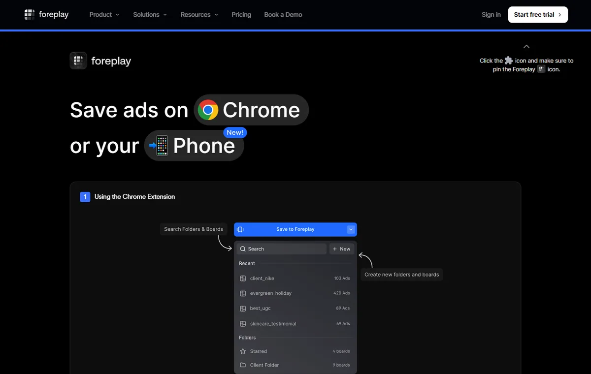 Capture publique Foreplay montrant l'extension Chrome pour sauvegarder des annonces