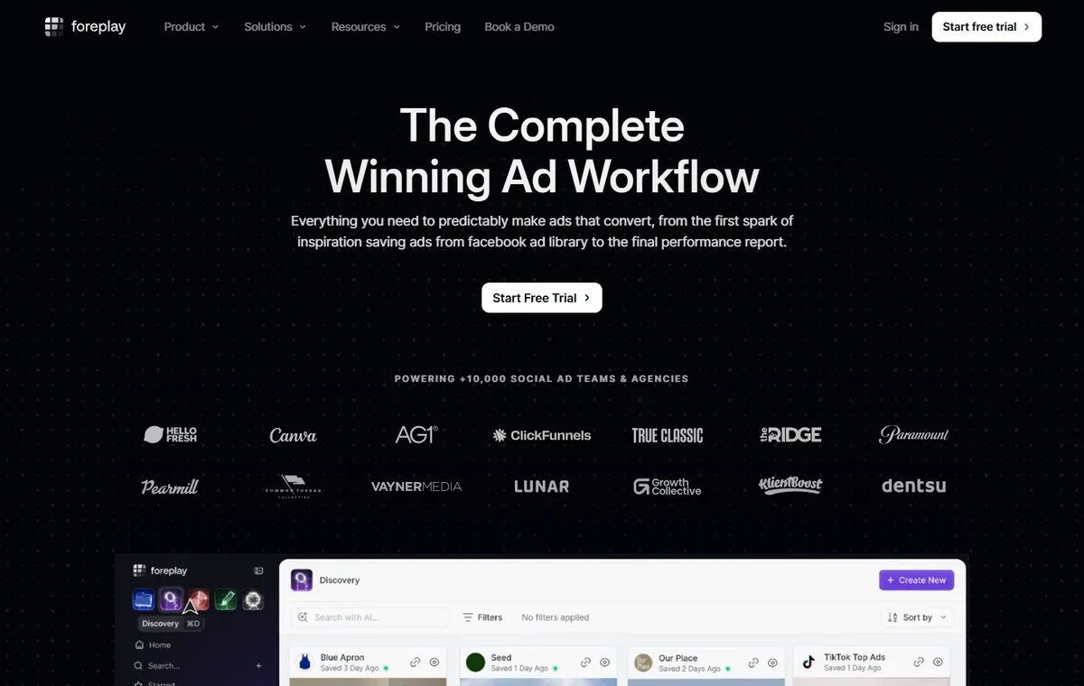 Aperçu public Foreplay avec workflow publicitaire