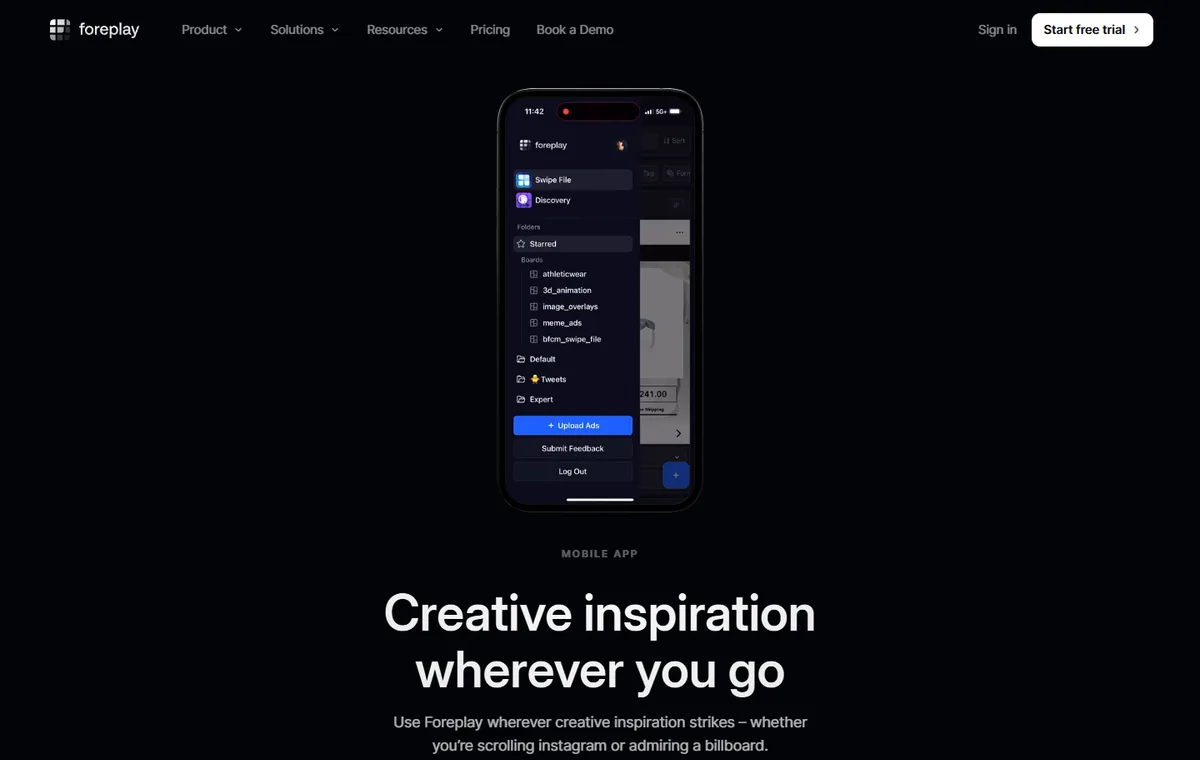 Capture publique Foreplay montrant l'application mobile pour sauvegarder l'inspiration créative
