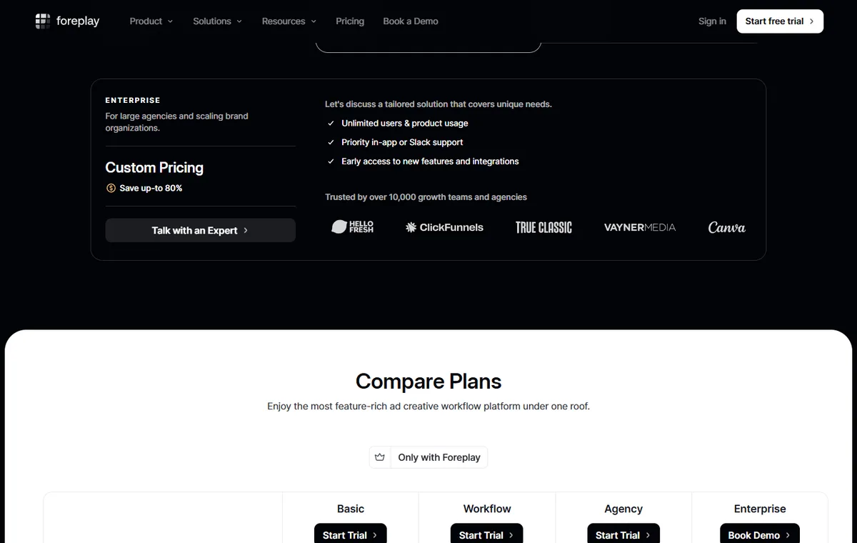 Capture publique Foreplay montrant la page de comparaison des plans