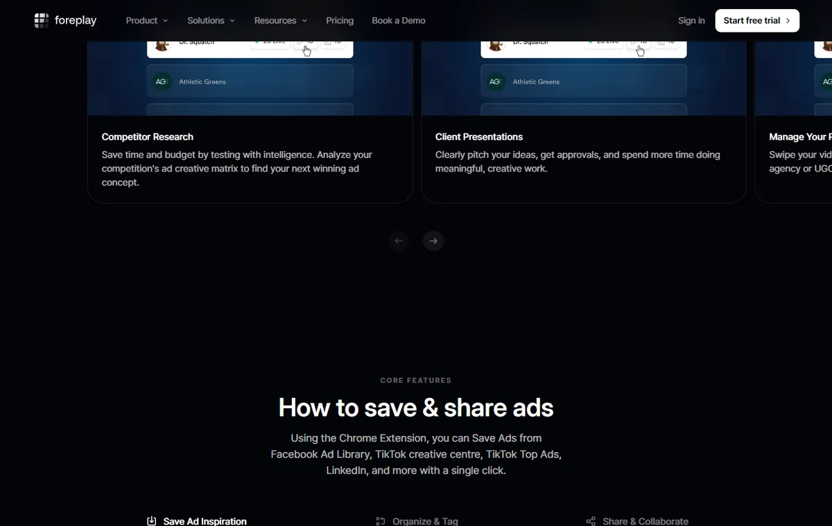 Capture publique Foreplay montrant la section Swipe File et la sauvegarde d'annonces