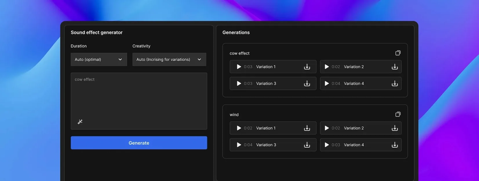 Public Freepik preview of audio generation and sound effects