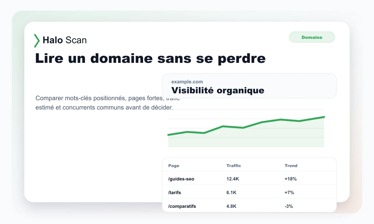 Aperçu Haloscan montrant une analyse de domaine avec visibilité, pages et tendances