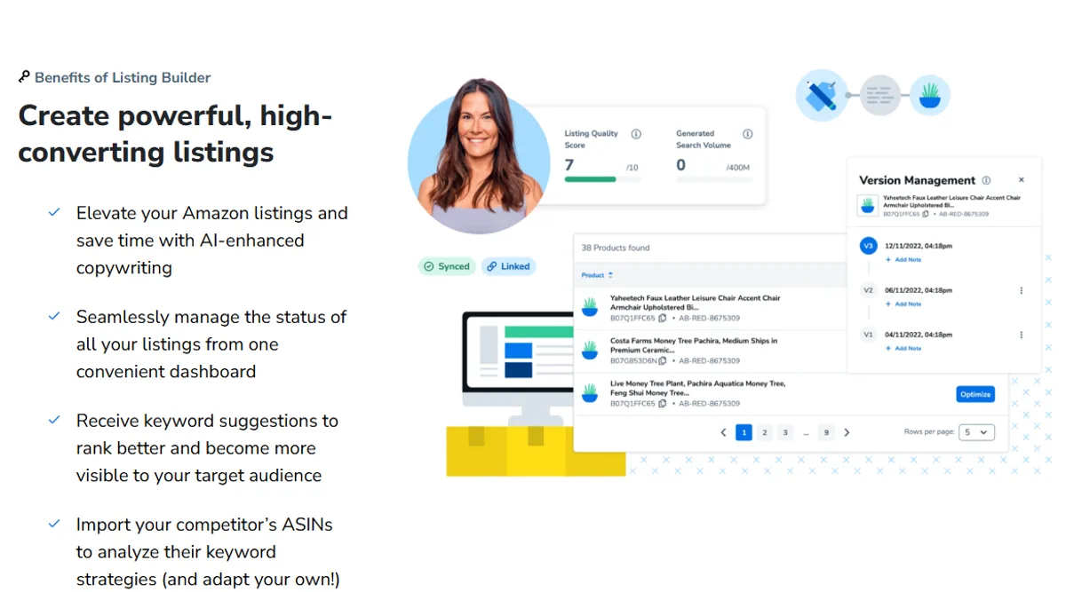 Aperçu public Helium 10 avec optimisation de listing et version management