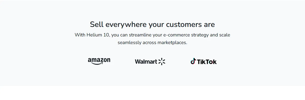 Aperçu public Helium 10 indiquant Amazon, Walmart et TikTok comme marketplaces compatibles