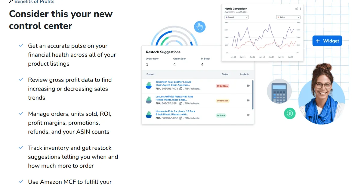 Aperçu public Helium 10 Profits montrant suggestions de restock et comparaison de métriques